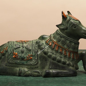 Brass Nandi Statue with Antique Finish, Lord Shiva Wagon Sculpture, Sitting Nandi Figurine , Devine Bull ,Gate Keeper Of Siva Parvati