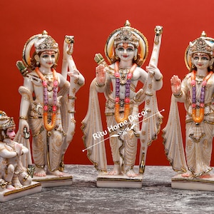 Lord Rama Darbar 15&quot; Sculpture -White Gold Finish Bhagwan Ram Statues - Ram Sita Lakshman Hanuman Idol - Deities For Home Temple - Rama Idol