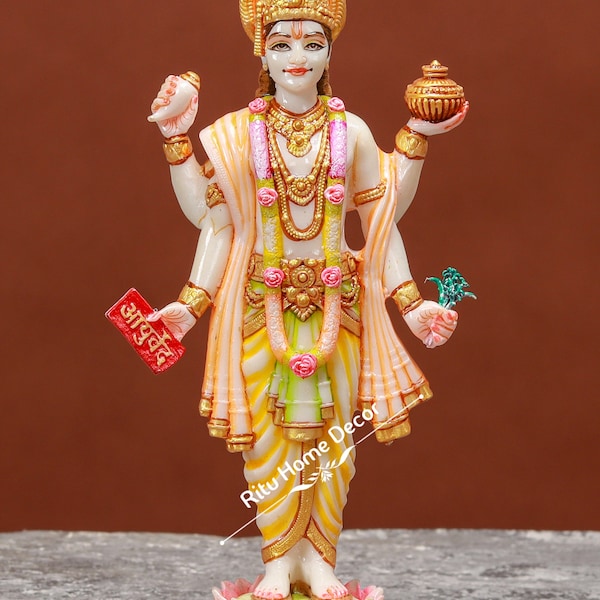 Statue du dieu Dhanvantari - idole du seigneur Dhanvanthri multicolore 20 cm - sculpture de Dhanwantri - dieu hindou de la médecine - statue de Vishnu - dieu ayurvédique