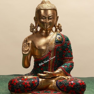 Brass Lord Buddha Statue - 34 CM Buddha Idol - Outdoor Indoor Buddhist Deity - Stonework Temple Altar - Yoga Studio - Meditation Room Decor