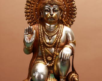 Lord Hanuman Messingstatue - großer Gott Bajrangbali Skulptur - mehrfarbiger Lord Rama Devotee - Hindu Affengott Idol - Anjani Putra Skulptur