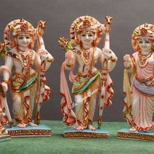 Ram Darbar Statue - 30 CM Big Cultured Marble Ramdarbar Idol - Lord Rama Hand Painted Figurine - Lord Hanuman - Lord Lakshman - Sita Mata