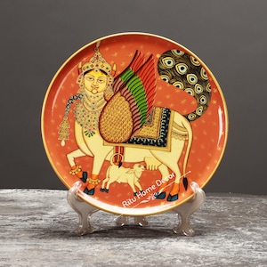 Kamdhenu Cow Painting On Wooden Plate - Wall Hanging Decor - Tabletop Decoration - Holy Cow Figurine - Heaven COW calf Sculpture - Gift