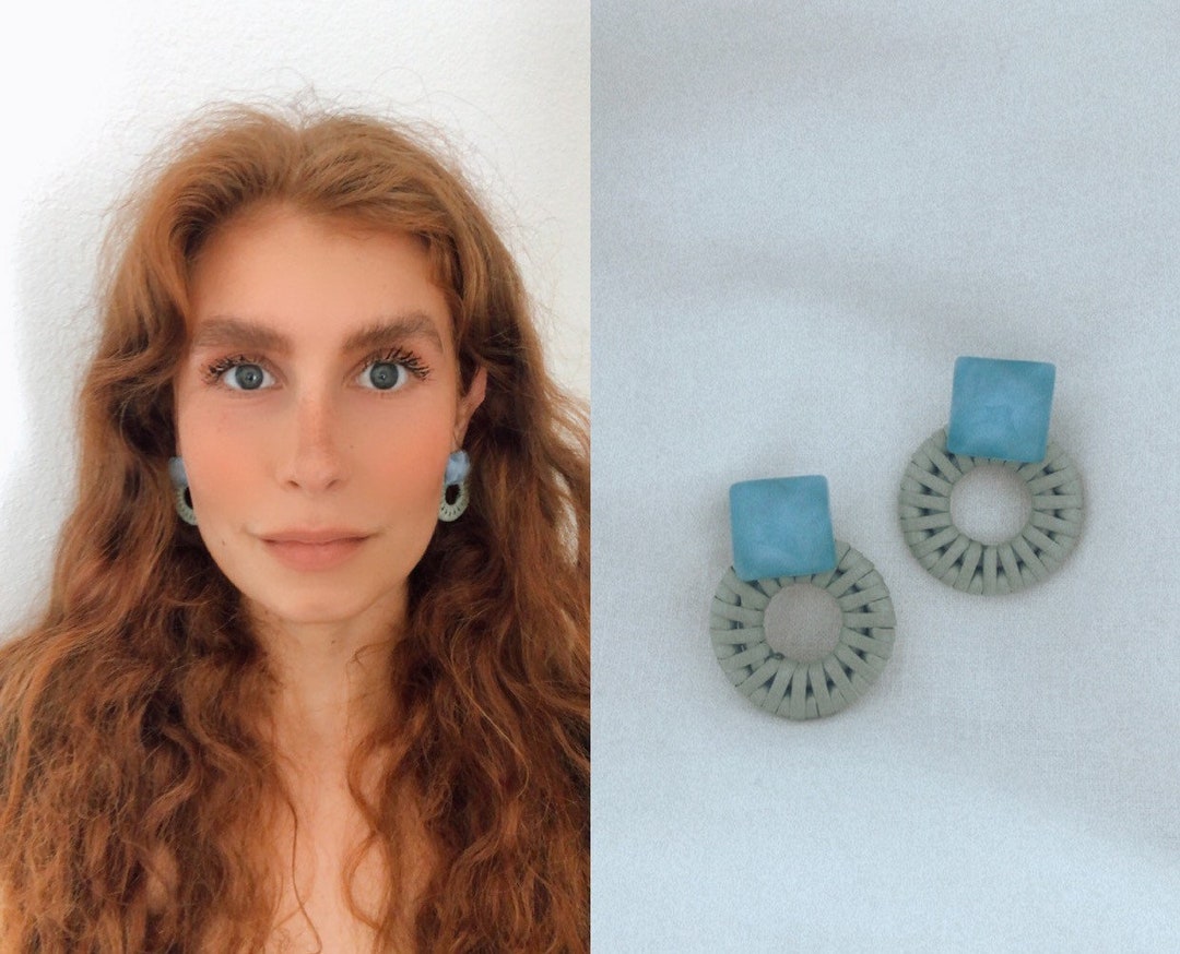 Blue Rattan Drop Earrings Light Weight Statement Earrings Etsy