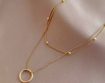 Two Layered Beaded Gold Necklace - Double Layer Necklace - Gift for her - Layered Circle Chain - Gold Pendant Necklace