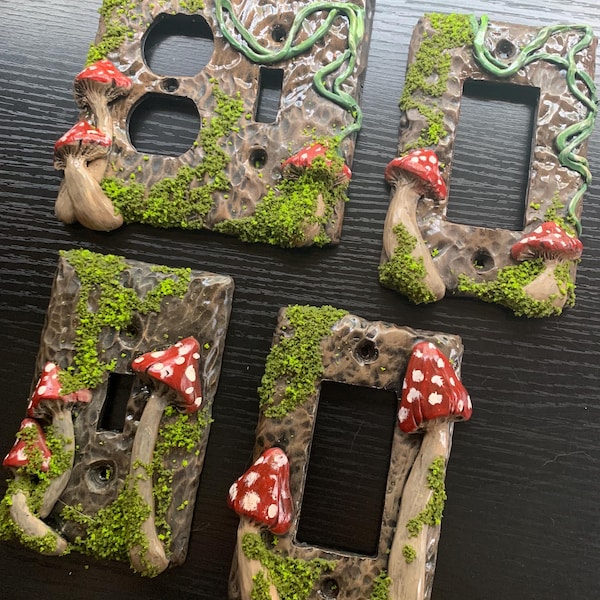 Whimsical Mushroom Light Switch Cover | Woodland Moss Switch Plate | Fairy Cottage Decor | Hand Sculpted Polymer Clay | Toggle, Rocker & Out