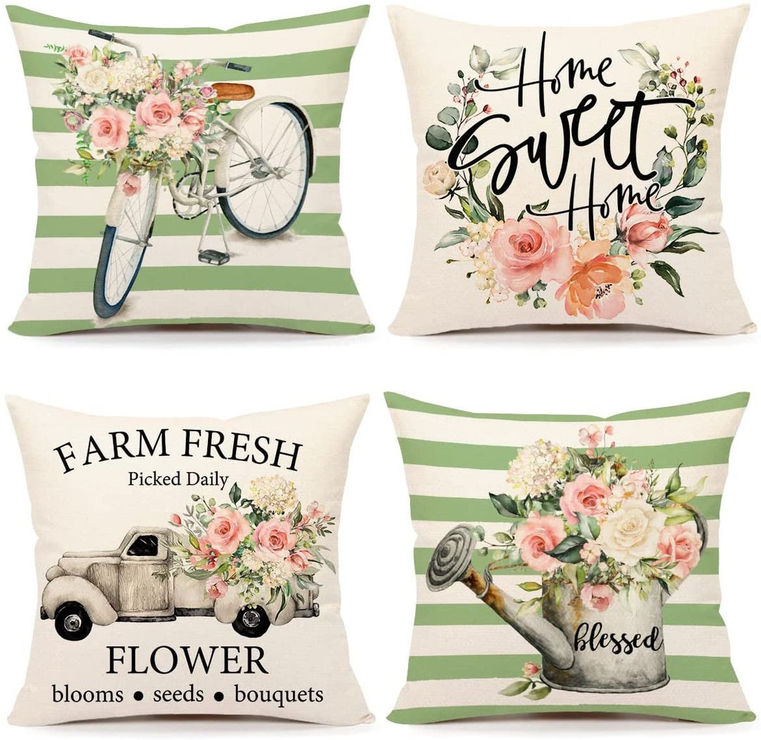 Spring Pillow Covers 18x18, Farmhouse Decor, Stripe Spring Floral
