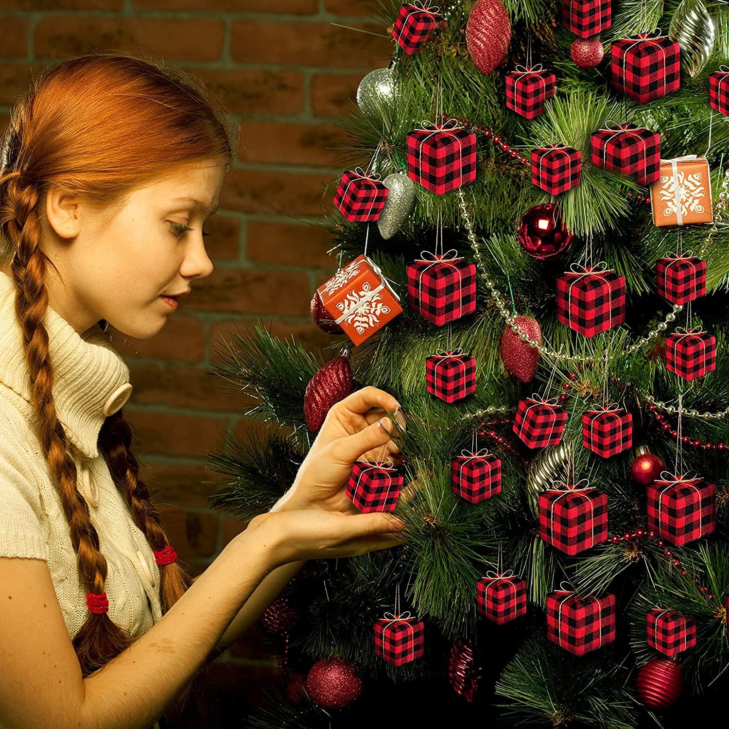 24 Mini Christmas Ornaments, Buffalo Plaid Christmas Decor