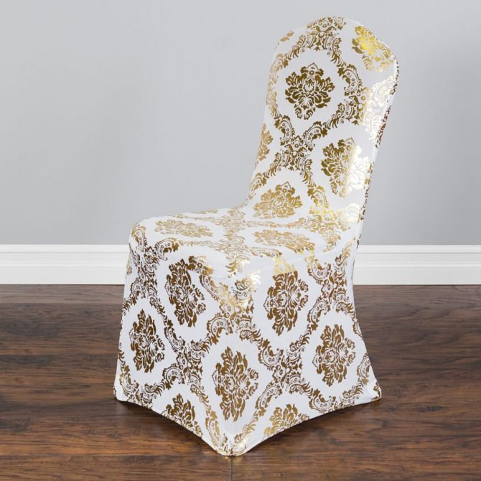 Gold Metallic Damask Stretch Banquet Chair Cover White Etsy