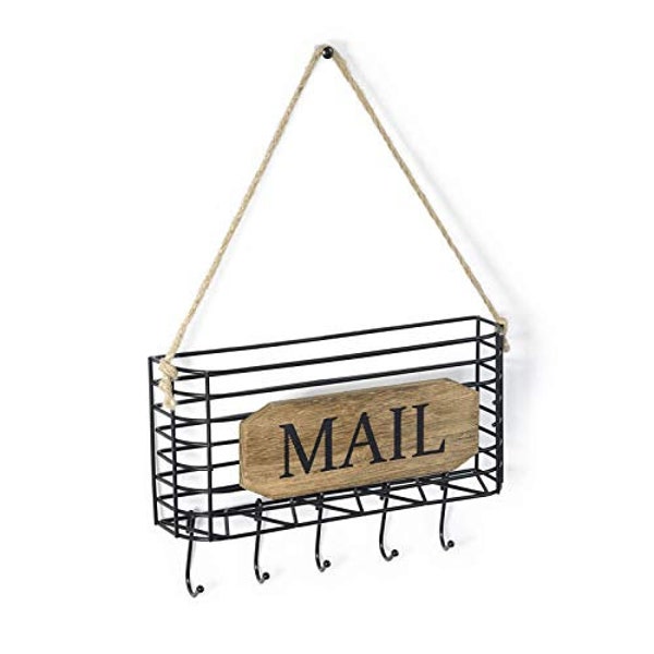 Mail Holder, Key Holder,  Rustic Mail Organizer Wall Mount Hanging Mail Sorter Letter Basket with 5 Key Holder Hooks, Small Size, Farmhouse