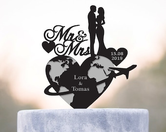 Travel wedding cake topper,romantic cake topper,mr mrs topper,hearts cake topper,Destination wedding cake topper,travel cake topper,a2