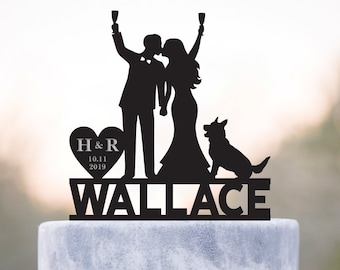 Wedding cake topper with dog,Dog cake topper,bride and groome cake topper with dog,German shepherd cake topper,last name cake topper,a106