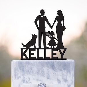 Couple with baby cake topper,family cake topper with girl,mr and mrs with dog,wedding cake topper with dog,German shepherd cake topper,a121