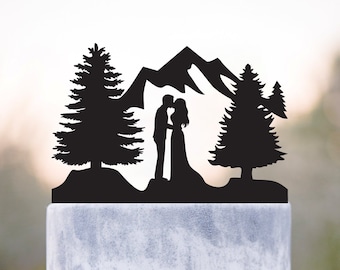 Mountain Wedding Cake Topper, Custom Outdoor Couple Silhouette, a71