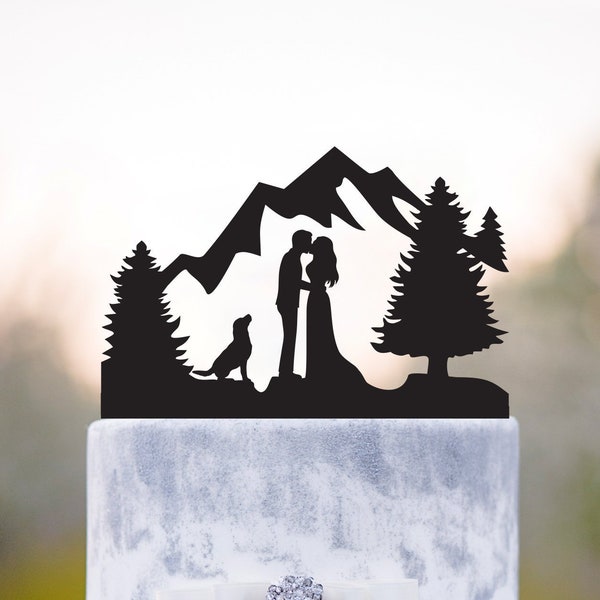 Mr and mrs with dog cake topper,Mountain cake topper with dog,Outdoor cake topper,Mountain wedding cake topper,mountain topper with dog,a72