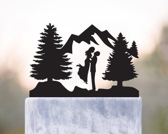Mountain Wedding Cake Topper, Custom Acrylic Forest Bride and Groom, a77