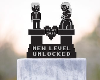 8 bit wedding Gamer cake topper,Gamer  wedding cake topper,8 bit Video game wedding cake topper,gamers wedding 8 bit cake topper,a344