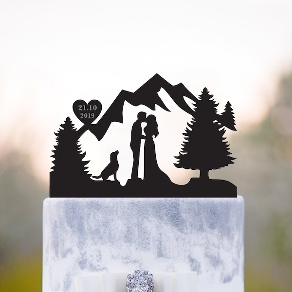 Mountain cake topper with dog,Mr and mrs with dog cake topper,mountain topper with dog,Outdoor cake topper,Mountain wedding cake topper,a73