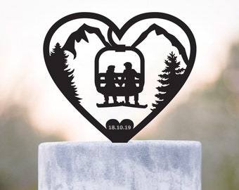 Snowboard couple ski lift heart wedding cake topper date,Snowboard personalized wedding heart cake topper,Snowboard wedding cake topper,a376