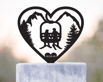 Ski wedding heart cake topper,Ski winter heart wedding cake topper,ski resort wedding topper,Ski lift Mountain wedding ski cake topper,a375