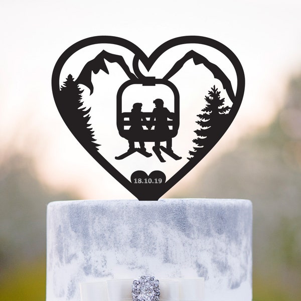 Ski wedding heart cake topper,Ski winter heart wedding cake topper,ski resort wedding topper,Ski lift Mountain wedding ski cake topper,a375