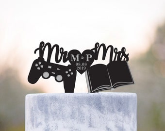 Game controller book worm wedding topper,book nerd cake topper,Gamer wedding book lover topper,video game bookish wedding cake topper,a301