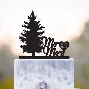 Topper per torta nuziale, topper per torta a forma di albero di pino, topper per torta con il signor e la signora, topper per torta in acrilico, topper per torta personalizzato con albero, regalo di nozze, a286