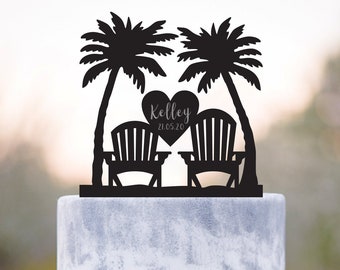 Custom Palm trees beach chair wedding cake topper,Palm tree last name topper,Tropical wedding topper,ocean wedding palm cake topper,a352