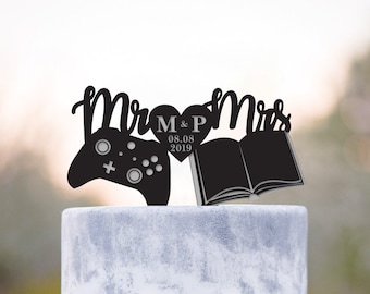 Gamer wedding book lover cake topper,video game bookish wedding cake topper,game controller literary wedding topper,book nerd topper,a300