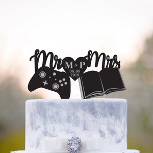 Gamer wedding book lover cake topper,video game bookish wedding cake topper,game controller literary wedding topper,book nerd topper,a300