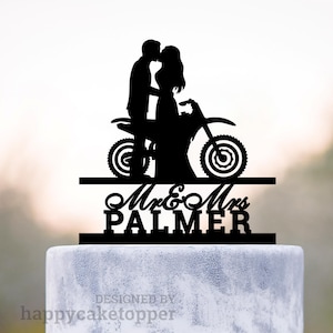 Motorcycle wedding cake topper, Dirt bike bride and groom cake topper, Mr and Mrs motorbike cake topper, Biker wedding cake topper, a263