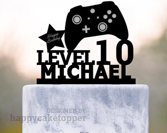Gamer Birthday Cake Topper, Video Game Controller, Personalized Level Up Name and Age, a406