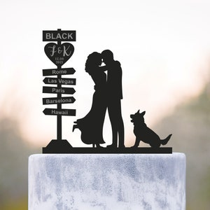 Custom destination wedding travel cake topper mr and mrs,german shepherd travel cake topper dog,travel theme wedding topper with dog,a432
