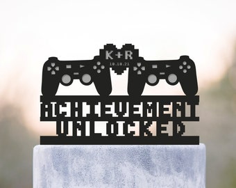 Achievement unlocked gamer wedding game controller cake topper initials,8 bit wedding cake topper,video game lover cake topper wedding,a403
