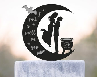 Personalized moon wedding cake topper,wedding cake topper moon,I put a spell on you wedding cake topper bride and groom and moon bat,a474