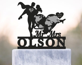 Superhero wedding travel cake topper,Superhero groom destination wedding topper,Superhero Theme Travel wedding cake topper mr and mrs,a497