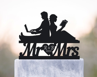 Adorno para tarta de boda con programador informático amante de los libros, a452