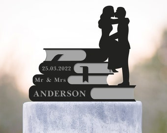 Custom Book Stack Wedding Cake Topper, Mr & Mrs Acrylic Cake Topper, a509