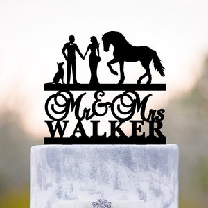 Horse wedding cake topper, Custom animal wedding topper, Belgian sheepdog horse cake topper, Bride and groom topper with horse and dog,a589