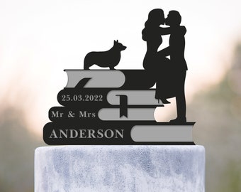 Custom Book lover wedding cake topper with dog,book worm corgi wedding topper,bookish wedding Mr Mrs cake topper with welsh corgi,a510