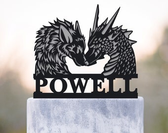 Wolf and dragon wedding cake topper,dragon cake topper wedding,custom dragon and wolf fairytale wedding topper,wolf cake topper wedding,a524