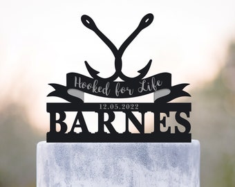 Custom hooked for life cake topper mr and mrs wedding,fish hook fishing theme last name topper heart,fishing wedding mr and mrs topper,a439