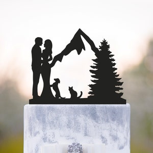 Mountain wedding cake topper with dachshund,mountain theme woodland wedding pine tree cake topper cat,colorado cake topper for wedding,a413