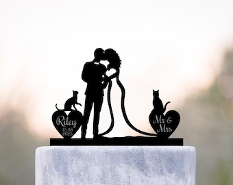 Cat Wedding Cake Topper, Bride and Groom with Cats, a492