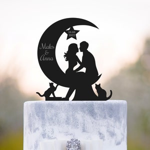 Moon wedding cake topper with cat,Moon bride and groom cake topper,Moon cake topper with dog for wedding,wedding topper with dog,a571