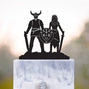 Custom viking couple initials cake topper wedding,viking barbarian wedding funny personalized topper,viking love cake topper wedding,a416 image 1