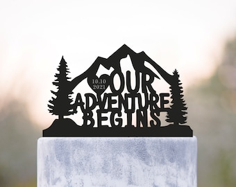Adorno para tarta de bodas, adorno para tarta "Aventura comienza", adorno para tarta de montaña, adorno para tarta personalizado, adorno para tarta de acrílico, regalo de bodas, a434