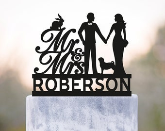 Custom pet wedding animal cake topper with pug dog and rabbit,bunny wedding couple pug dog bride and groom last name cake topper,a389