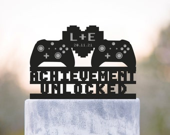 Achievement unlocked 8 bit wedding cake topper,gamer wedding game controller cake topper initials,video game lover cake topper wedding,a402