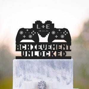 Achievement unlocked 8 bit wedding cake topper,gamer wedding game controller cake topper initials,video game lover cake topper wedding,a402